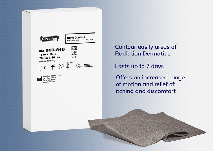 8 in. x 16 in. dressing that easily contours to areas of radiation dermatitis offering an increased range of motion and relief of itching and discomfort. Dressings are FDA-indicated for the treatment of radiation dermatitis and can be used for up to 7 days. The product is recommended for the treatment of the head and neck or breasts.