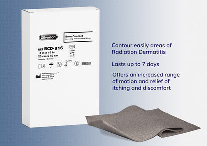 8 in. x 16 in. dressing that easily contours to areas of radiation dermatitis offering an increased range of motion and relief of itching and discomfort. Dressings are FDA-indicated for the treatment of radiation dermatitis and can be used for up to 7 days. The product is recommended for the treatment of the head and neck or breasts. 